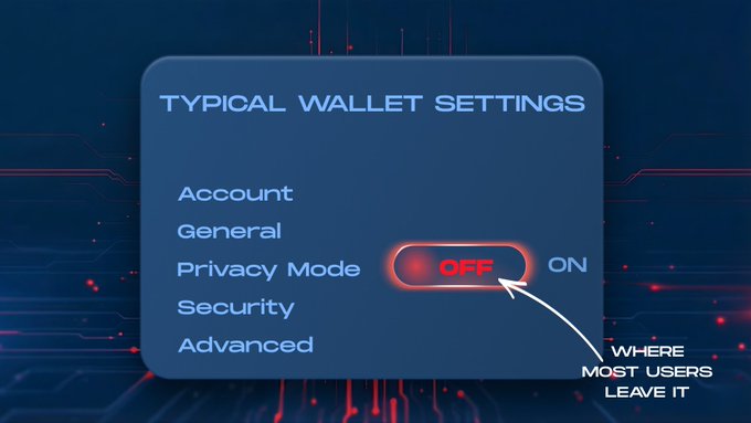 The image shows a computer screen with a blue background displaying a message about typical wallet settings. The text indicates that the user has the option to turn off the Privacy mode, which would make their transactions more transparent but also potentially weaken privacy protection. The post suggests that most users never enable this feature due to its optional nature and the predictable behavior it creates in terms of transaction transparency.
