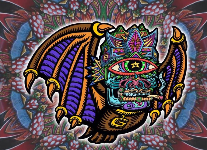 A vibrant, psychedelic illustration of a clawed creature with a crown and a single third eye, featuring the letter "G" on its body, set against an ornate mandala background. The artwork showcases the signature colorful, intricate style associated with the Galaktic Gang NFT collection being promoted for mint on Robinhood.