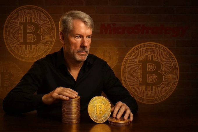 A man with grey hair and beard in a black shirt sitting at a table with stacks and coins of Bitcoin, with Bitcoin logos and the 'MicroStrategy' watermark on a brick wall background.