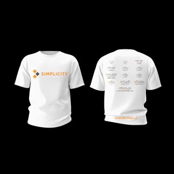 A white t-shirt with the 'SIMPLICITY' logo on the front and a list of attributes and 'simplicity.eco.sol' text on the back.