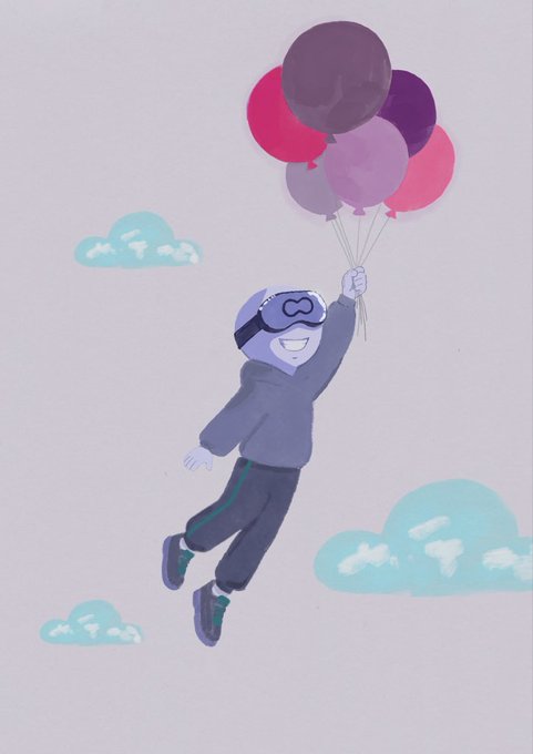 A soft, stylized illustration shows a smiling figure wearing goggles and floating among clouds while holding a bunch of balloons.