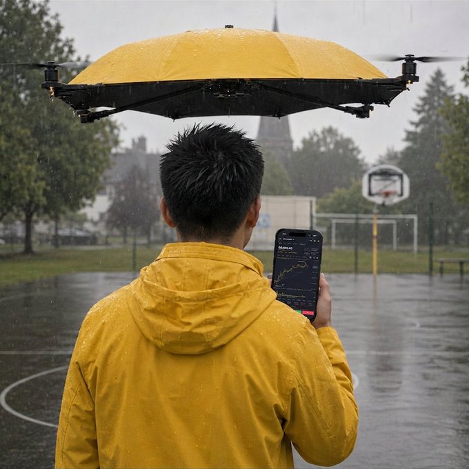 A person in a yellow raincoat stands on a wet basketball court, operating a smartphone app that displays stock data including the ticker "BA.L" with a rising chart, while a matching yellow drone hovers above them, functioning as a personal umbrella in the rain—perfectly capturing the post's "rainy-day setup" vibe with a creative tech twist.