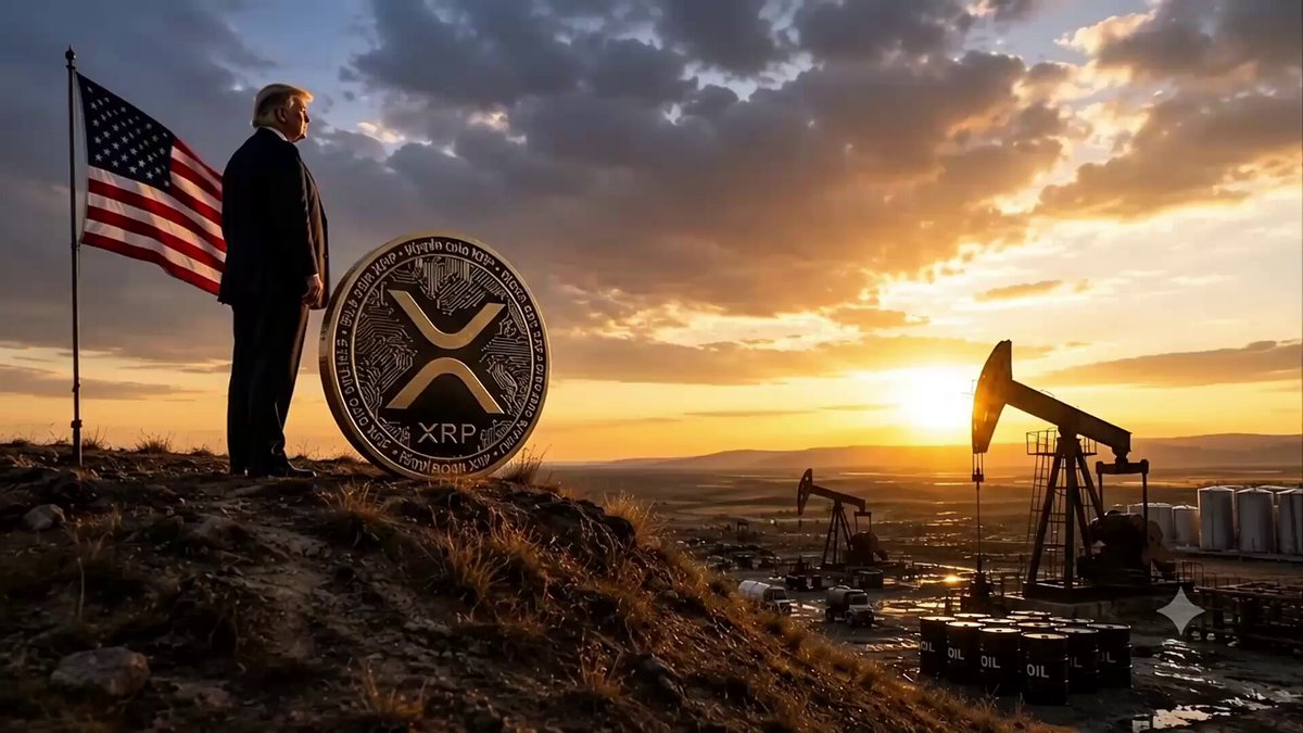 The image features an American president standing on top of a hill with his arms crossed, holding a coin that says "XRP" on it. The setting sun casts a warm glow over the scene, creating a serene atmosphere. The photo is accompanied by a caption that reads "Reports are circulating that President Trump called XRP AS THE NEW OIL." This suggests that there might be some discussion or interest in the digital asset market and its potential impact on the economy.