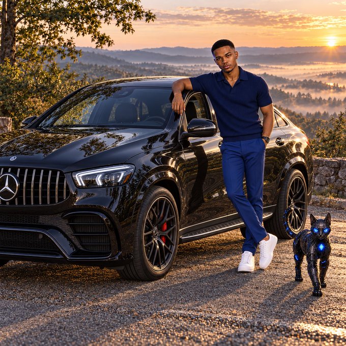 A young man in a blue polo shirt and pants leaning against a black Mercedes-Benz SUV at sunset, accompanied by a black panther with glowing blue eyes.