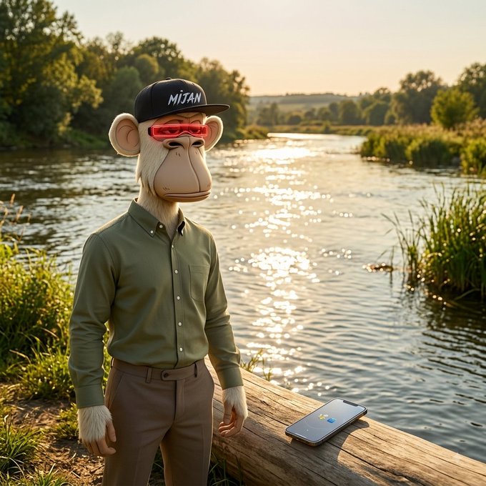 An anthropomorphic monkey wearing a black 'MIJAN' cap, red sunglasses, and an olive green shirt stands by a riverbank at golden hour, with a smartphone resting on a log beside it.
