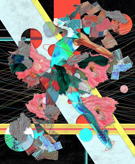 An abstract mixed-media collage featuring torn paper textures, geometric shapes, and colorful painted elements arranged against a dark background with linear patterns.