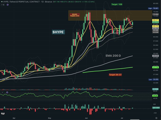 A financial trading chart for the HYPE/USDT perpetual contract on Binance, displaying candlestick patterns, moving averages, and annotations indicating a "BEARS Supply zone" and a "Target 109."