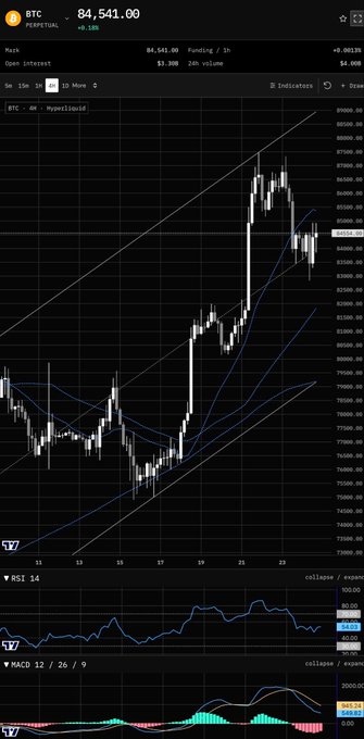 A dark-themed financial chart showing the BTC PERPETUAL trading pair price of 84,541.00, featuring candlestick patterns, a rising trendline, and technical indicators RSI 14 and MACD below.