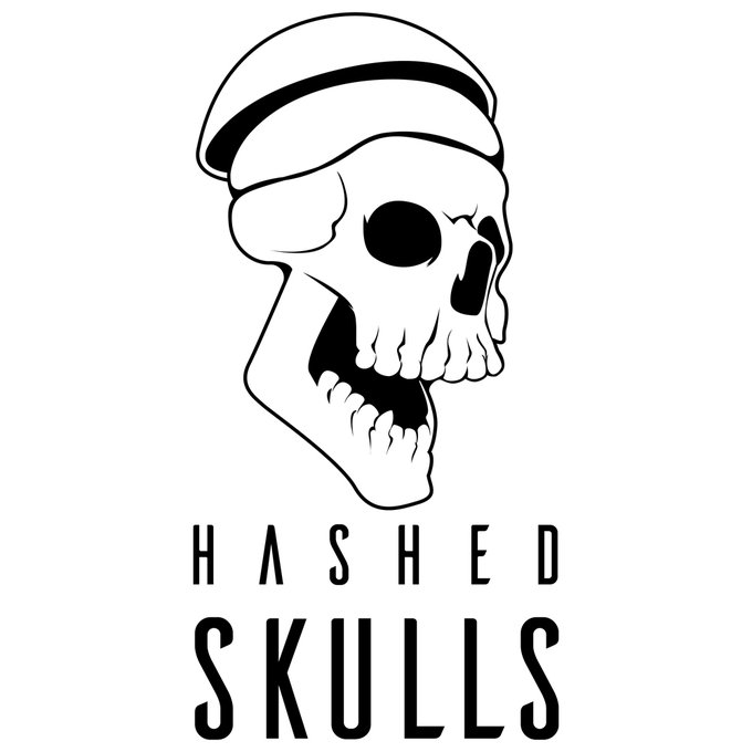 A black and white logo featuring a stylized skull wearing a beanie hat, with the text 'HASHED SKULLS' below it.