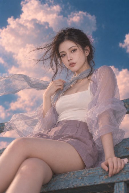 A woman with dark hair sits against a beautiful sky with pink clouds, wearing a white tank top, sheer lavender cardigan, and a purple skirt.