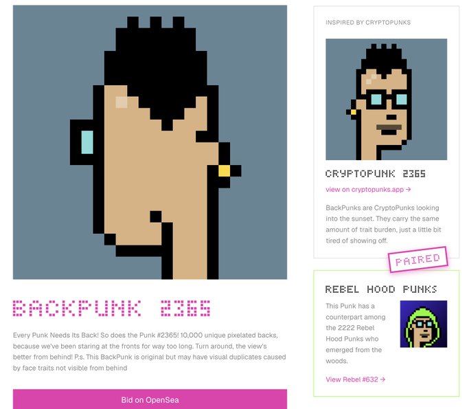 The image showcases a BackPunk (#2365), a pixelated pixel-art character with black hair, tan skin, and an earring, shown alongside its matching "CryptoPunk 2365" counterpart wearing glasses—both displayed on a pink-themed Backpunks page highlighting that it's "Paired" with a Rebel Hood Punk counterpart (Rebel #632) from the 2222 collection.