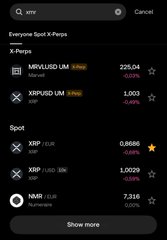 A mobile screenshot of a cryptocurrency exchange showing X-Replies rankings for assets like XRP, MDX, XBP, and NMR with their respective prices and percentage changes.
