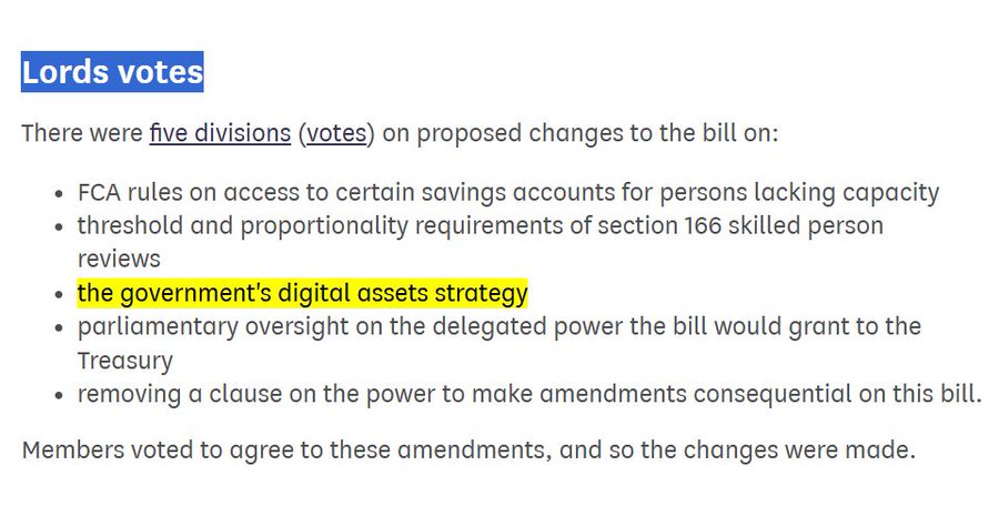 A text document titled 'Lords votes' listing five divisions of votes on proposed changes to a bill, with 'the government's digital assets strategy' highlighted in yellow.