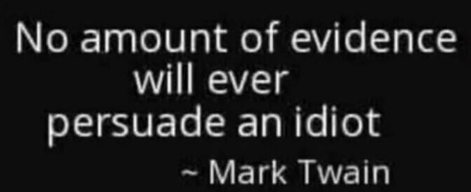 A black image with a quote attributed to Mark Twain in white text that reads: "No amount of evidence will ever persuade an idiot."