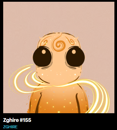 A stylized tan and orange character with large round eyes and swirling golden energy ribbons, labeled "Zghire #155" by artist ZGHIRE, accompanies an NFT mint announcement asking "Who minted the first 1/1?" with 23 editions remaining for their launchmynft mint.