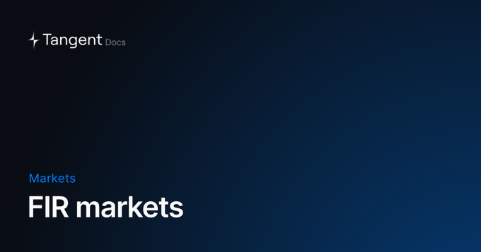Dark blue landing page header for 'Tangent Docs' with the text 'Markets' and 'FIR markets'.