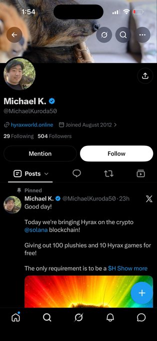 A Twitter/X profile page for Michael K. (@MichaelKuroda50) with a pinned post about bringing Hyrax on the crypto Solana blockchain.