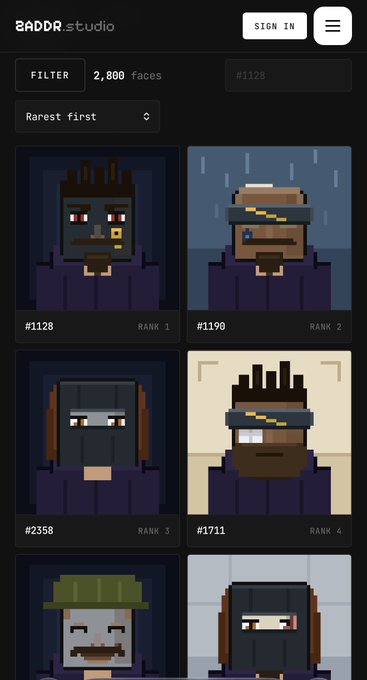 A mobile screenshot of the "zaddr studio" showing a collection of 2,800 pixel-art z-address faces, including #1128 (Rank 1) and #1190 (Rank 2). The image relates to the post by displaying examples of the z-address mint collection that is being traded over-the-counter for $100-$150.