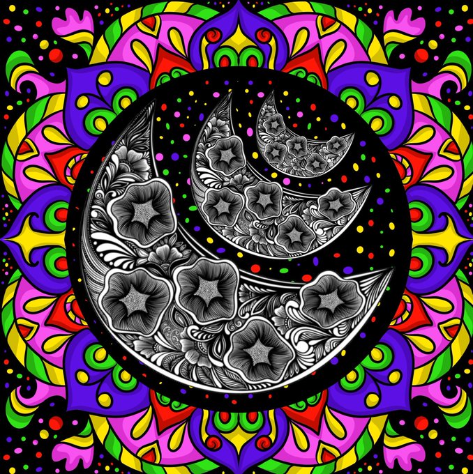 A vibrant mandala design featuring a black and white floral crescent moon at its center, surrounded by intricate colorful patterns in pink, yellow, blue, and green.