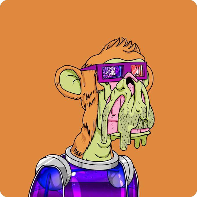 A cartoon illustration of a grotesque, melting monkey-like character wearing purple 3D glasses against an orange background.