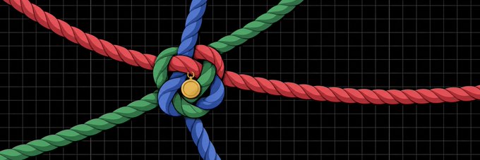 An illustration of red, blue, and green ropes tied in a central knot on a black grid background, with a small gold medal hanging from the knot.