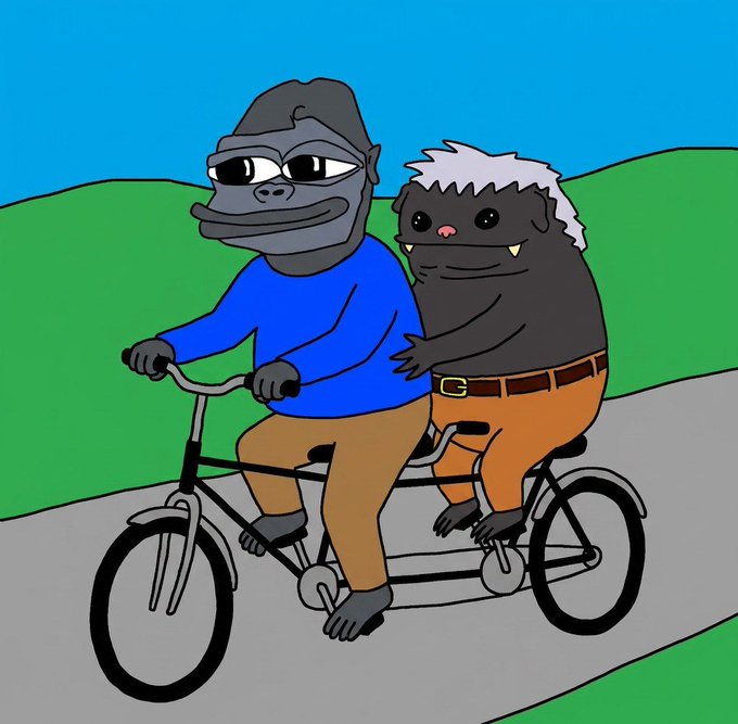 A cartoon drawing of two characters riding a tandem bicycle on a road - a gray monkey-like figure in blue shirt at the front and a darker furry creature in orange pants at the back.