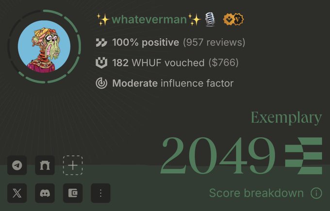 The image displays an "Exemplary" profile card for user "whateverman" with a 2049 score, 100% positive feedback from 957 reviews, and 182 WHUF vouched ($766) on Ethos Network. The accompanying post references this exact user, asking whether to pursue "distinguished" rank and whether to trust this "mutant" profile.
