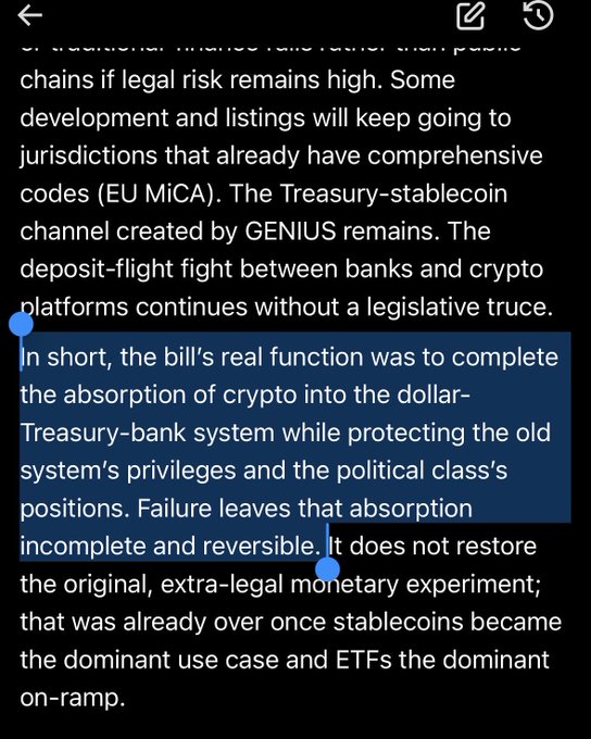 A screenshot of a text article discussing cryptocurrency regulation, highlighting a passage that reads: 'In short, the bill's real function was to complete the absorption of crypto into the dollar-Treasury-bank system while protecting the old system's privileges and the political class's positions.'