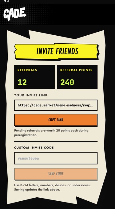 A mobile app screen for 'CADE' showing an 'INVITE FRIENDS' referral page with 12 referrals, 240 referral points, an invite link, and a custom invite code 'ysnswteuea'.