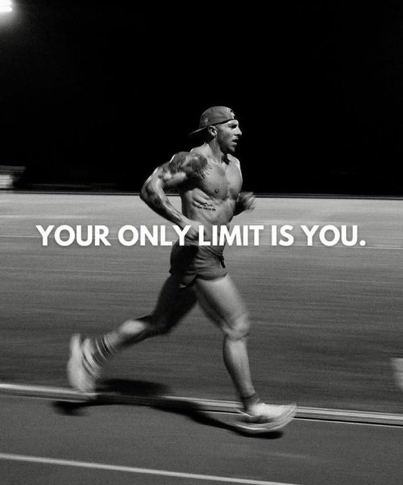 A black-and-white photo shows a muscular shirtless man in a baseball cap sprinting down a track at night, with the motivational text "YOUR ONLY LIMIT IS YOU." overlaid across the image, reinforcing the post's theme of staying driven and attentive to multiple airdrop and token launch opportunities in August.