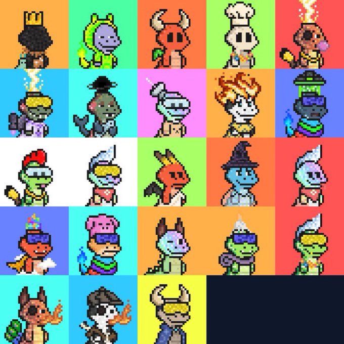 The image displays a grid of 23 pixel-art character sprites from the "$Sarties" NFT collection, showcasing various unique creature designs with different colors, accessories, and traits. The colorful array of characters visually represents the diverse artwork available in this Hedera Hashgraph-based NFT collection mentioned in the post.