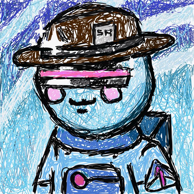 A Scribble-style cartoon character wearing a brown "SR" cap and pink visor stands against a scribbled blue background, serving as fan art appreciation for @PacmanNFT. The "SR" lettering on the hat references the PacmanNFT community, matching the post's shoutout of gratitude to the collection.