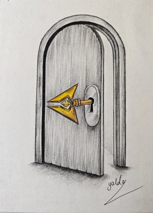 Pencil drawing of an arched wooden door with a golden triangular key inserted into the keyhole, signed 'yaldo'.