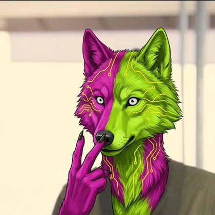 A stylized, neon-lit wolf character with a split pink-and-green digital face and glowing circuit-like patterns raises a hand in an "OK" gesture. The futuristic, tech-inspired portrait visually reinforces the crypto post's message by portraying the $pack token as the foundational core of its community.