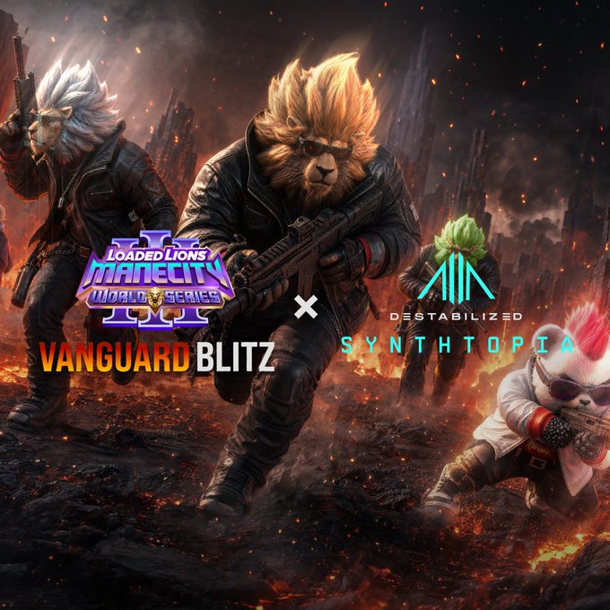 The image showcases anthropomorphic lion characters in tactical combat gear set against a fiery, war-torn backdrop, promoting a collaboration between "Loaded Lions: ManeCity World Series III" and "Destabilized Synthtopia" with "VANGUARD BLITZ" branding. This visually reinforces the post's announcement of a cross-platform partnership between @ManeCityGame and @synthtopiaworld, combining their respective gaming universes through AI-powered content and competitive play across SYNTHARENA and Mane City.