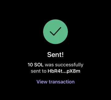A confirmation screen showing "Sent! 10 SOL was successfully sent to HbR4t...pX8m" with a green checkmark, displaying the result of a giveaway transaction that aligns with the post about sending 25 SOL to lucky winners.