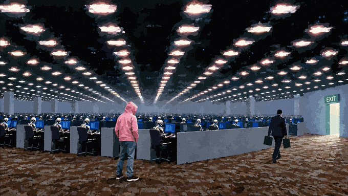 A surreal artwork depicting a massive office call center with endless rows of workers at computers, where a person in a pink hoodie stands among the desks.