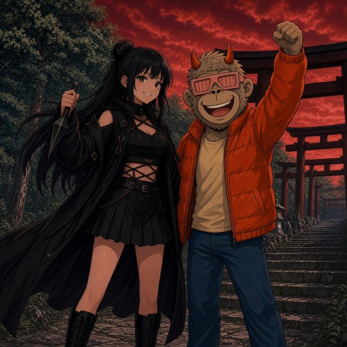 An anime-style illustration of two characters against a red sky with torii gates and stairs—a girl with long black hair in a black gothic outfit holding a dagger, and a horned character with pink sunglasses wearing an orange puffy jacket with their fist raised.