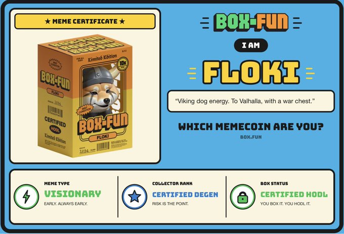 A 'BOX-FUN' meme certificate identifying the user as 'FLOKI' with the quote 'Viking dog energy. To Valhalla, with a war chest,' featuring details like meme type 'Visionary' and box status 'Certified Hodl.'