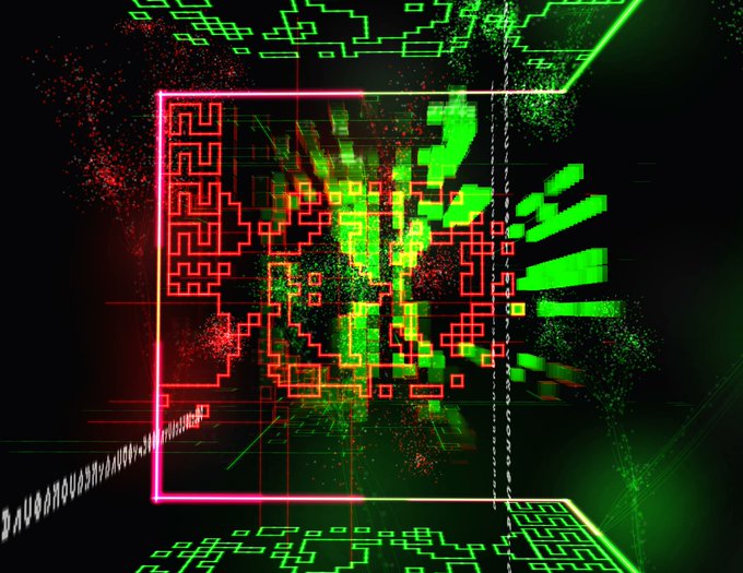 A digital glitch-art style image featuring a neon pink and green QR-code-like square pattern with binary code elements against a dark background.