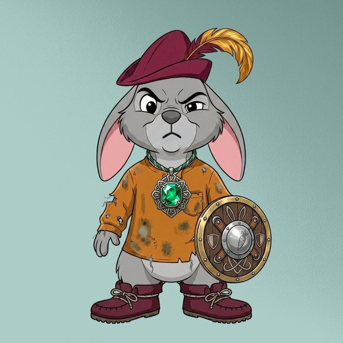 A cartoon illustration of an anthropomorphic gray rabbit dressed as a warrior, wearing a maroon feathered cap, an orange tattered shirt with a green gem medallion, and holding a wooden shield.