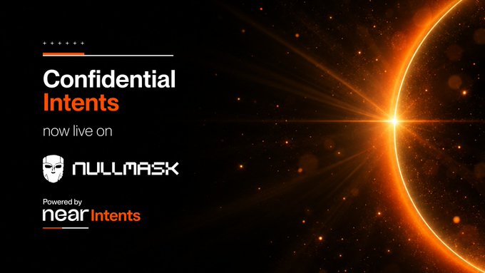 Promotional graphic featuring a glowing orange sun eclipse against a starry black background, with text announcing "Confidential Intents now live on NullMask, powered by NEAR Intents." The eclipse imagery visually emphasizes the privacy/intents theme, reinforcing the post's announcement of confidential cross-chain swaps being integrated into NullMask's bridge.