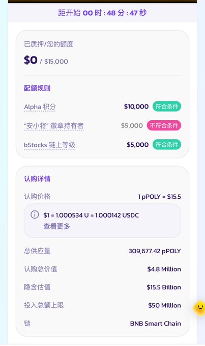 A mobile app screenshot shows a token subscription page in Chinese, displaying a 48-minute countdown, a $0/$15,000 quota, subscription rules, and details for purchasing 'pPOLY' tokens on the BNB Smart Chain.