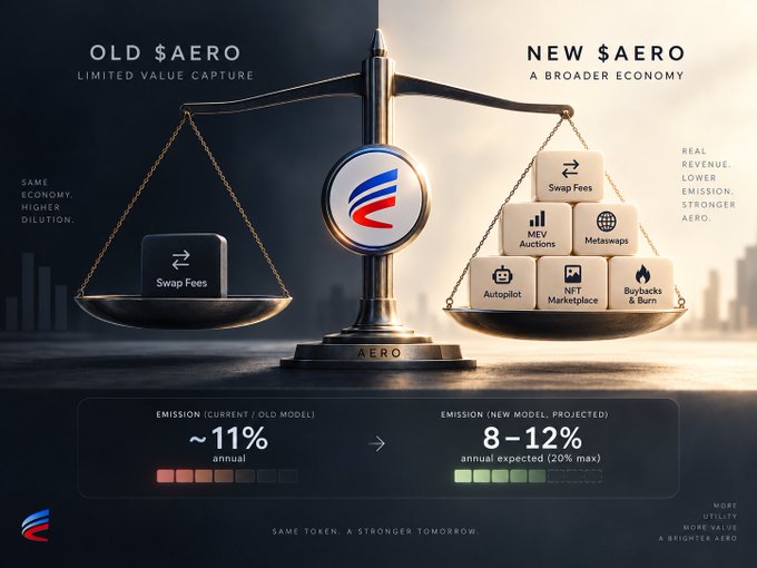 Promotional graphic for the $AERO token comparing the 'Old $AERO' model (limited value capture via swap fees) to the 'New $AERO' model (broader economy with MEV auctions, metaswaps, autopilot, NFT marketplace, and buybacks/burns), noting emission changes from ~11% to 8-12% annual.