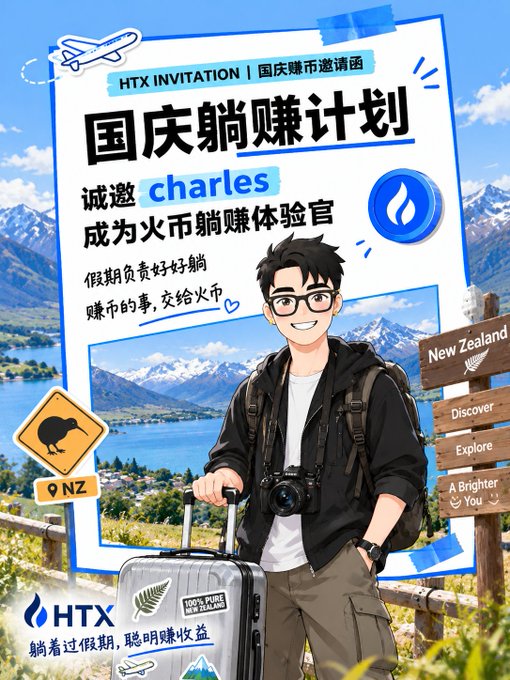 An HTX exchange invitation graphic features an illustrated male traveler with luggage, promoting the '国庆躺赚计划' (National Day Earn-While-You-Rest Plan) for user 'charles', set against a New Zealand landscape with a kiwi bird sign.