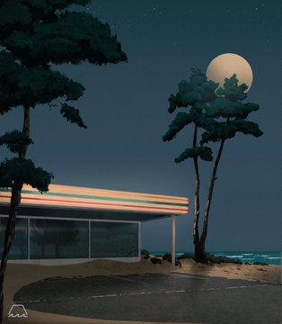 A serene digital illustration of a retro-style gas station at night under a full moon, silhouetted by trees with a small cat icon in the corner.