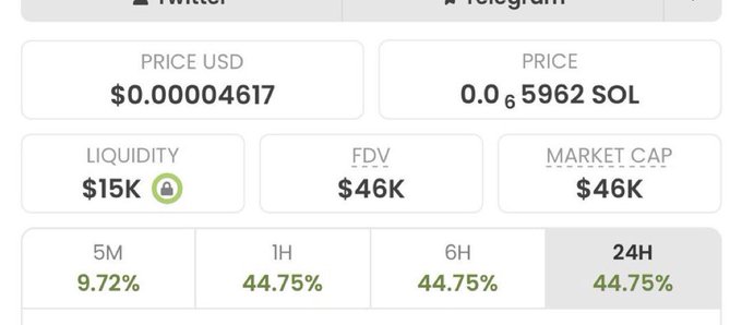 A crypto token tracking dashboard displays metrics for a coin trading at $0.00004617 (0.0005962 SOL), with $15K liquidity, $46K FDV/market cap, and gains of 9.72% over 5 minutes and 44.75% over 1H, 6H, and 24H—supporting the post's claims of massive returns on recommended meme coin picks.
