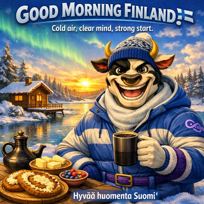 The image features a cartoon cow wearing a blue and white jacket sitting at a table, holding a cup of coffee. The background shows a snowy landscape with trees and houses, creating a wintery atmosphere. The caption above the image reads "Good Morning Finland" in English and "hyvad huonmenta Suomi!" (Good morning Finland!) in Finnish, indicating that it is an advertisement for Finland.