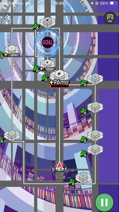 A mobile game screen showing a level map with various nodes, a 'GOAL' marker at the top, and a 'START' marker at the bottom, set against a colorful urban backdrop.