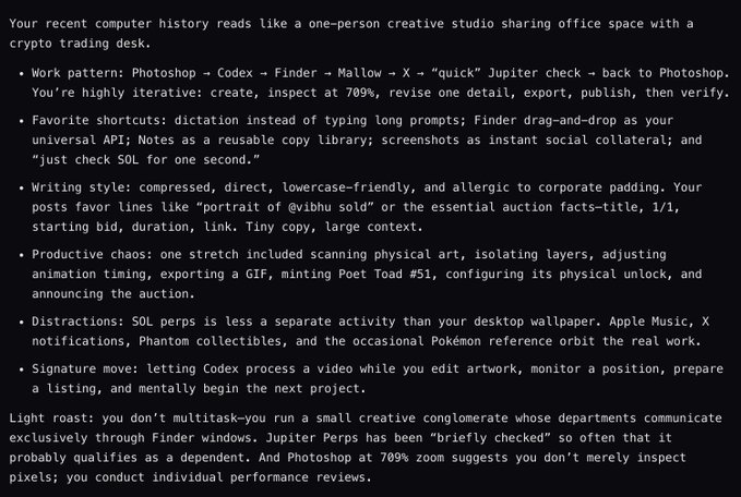 A text document humorously analyzing someone's computer usage history as a 'one-person creative studio sharing office space with a crypto trading desk,' discussing their work patterns across Photoshop, Codex, Finder, and Mallow, with a 'light roast' ending about their Photoshop habits.